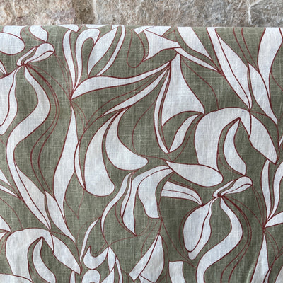 Abstract Olive Linen Blend Fabric