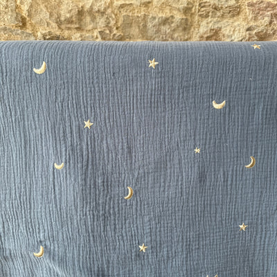 Stars and Moon Soft Blue Double Gauze Fabric