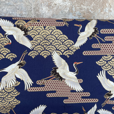 Flying Cranes Blue Japanese Cotton